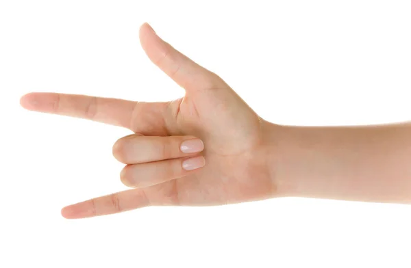 La mano muestra el signo de rock and roll o te amo signo aislado en — Foto de Stock