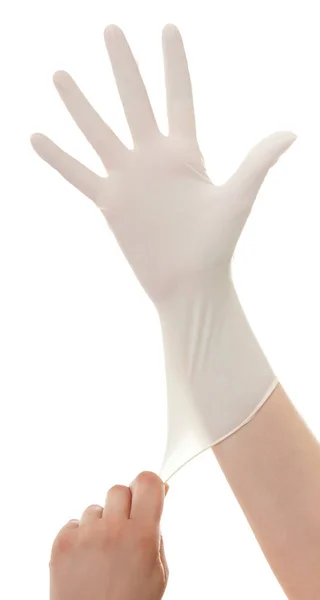 Ο γιατρός δείχνουν τα χέρια με αποστειρωμένα γάντια απομονωμένα σε λευκό. Ιατρική — Φωτογραφία Αρχείου