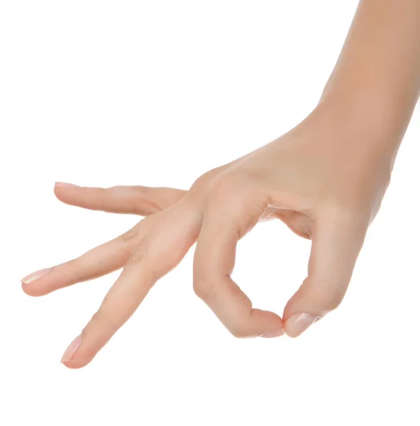 Mano femminile mostrando pollice verso l'alto ok tutto il segno della mano destra vittoria gest — Foto Stock