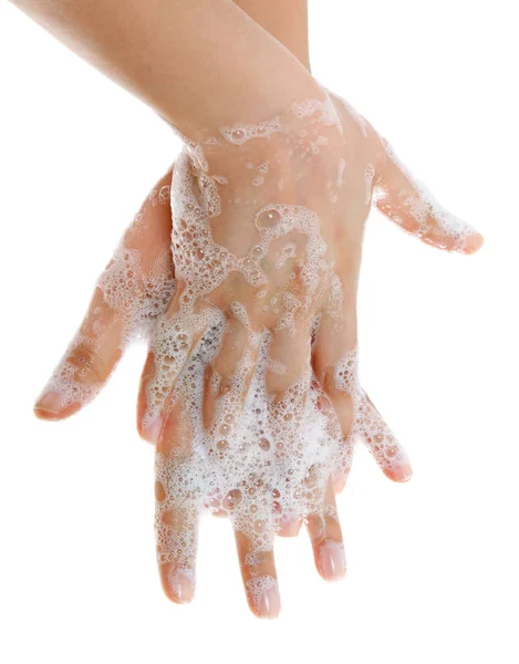 Händewaschen mit Seife und Wasser im Badezimmer. Hygiene. Reinigung — Stockfoto