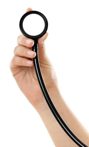 Mani del medico tenendo stethoscope.Studio colpo isolato su bianco — Foto Stock