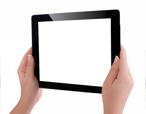Hand met een tablet-pc met wit scherm. Vrouw handen sh — Stockfoto