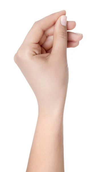 Close-up tiro de uma mão mulher segurando cartão de visita em branco isolado — Fotografia de Stock