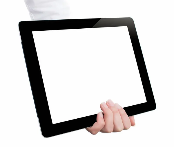 Mano che tiene un computer tablet con schermo bianco. Donna mani sh — Foto Stock