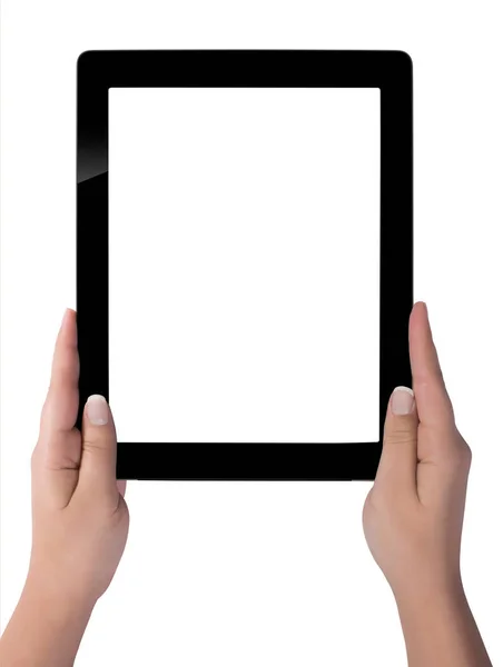 Ręka trzyma komputer typu tablet z biały ekran. Kobieta ręce sh — Zdjęcie stockowe
