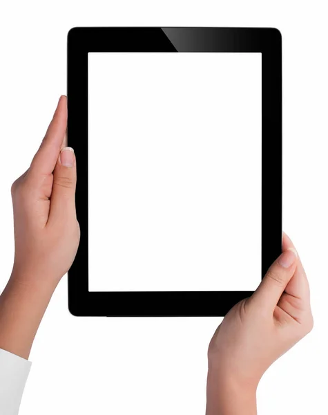 Main tenant une tablette avec écran blanc. Mains de femme sh — Photo