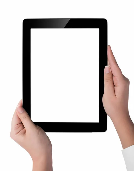 Hand holding a tablet computer with white screen. Woman hands sh — Stock Photo, Image