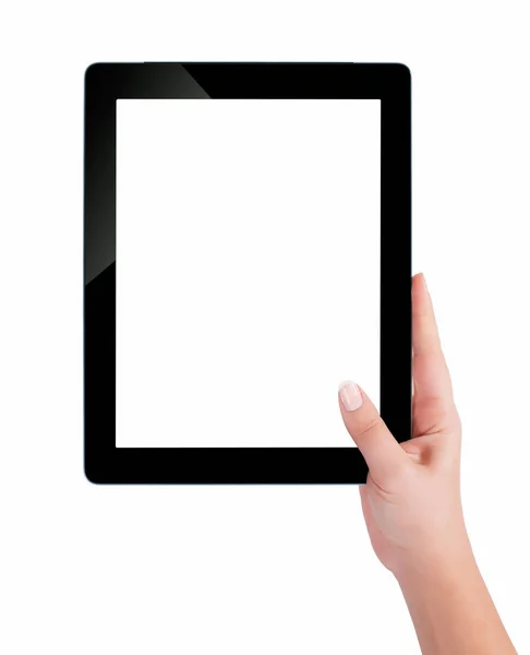 Hand hält einen Tablet-Computer mit weißem Bildschirm. Frauenhände — Stockfoto