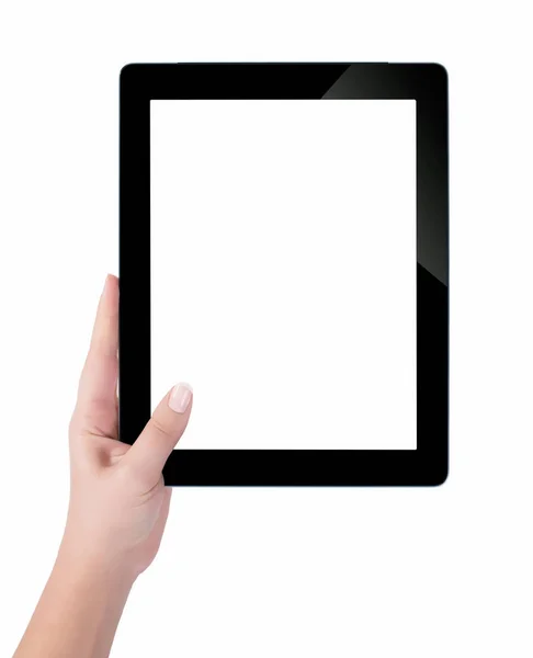 Hand met een tablet-pc met wit scherm. Vrouw handen sh — Stockfoto