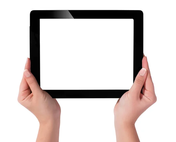 Рука тримає планшетний комп'ютер з білим екраном. Жінка руки ш — стокове фото