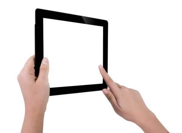 Mano sosteniendo una tableta con pantalla blanca. Mujer manos sh — Foto de Stock