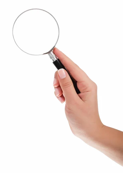 Kadın el üzerinde beyaz backg izole Büyüteç tutarak