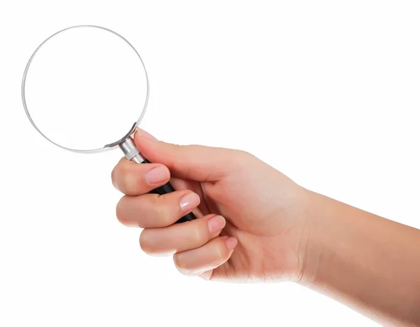 Kadın el üzerinde beyaz backg izole Büyüteç tutarak