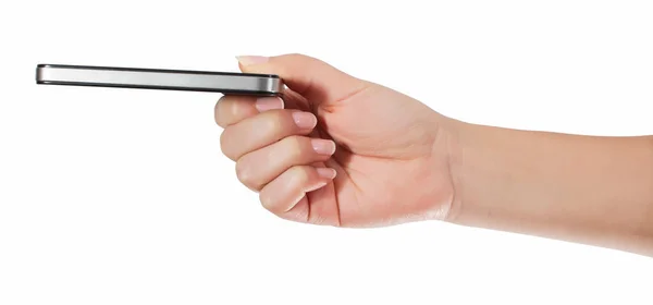 Mano con schermo bianco smartphone isolato su sfondo bianco — Foto Stock