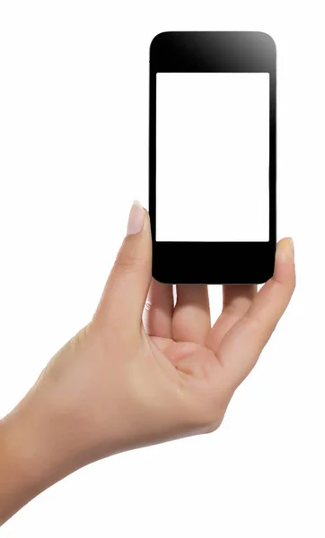 El ile akıllı telefon beyaz perde beyaz arka plan üzerinde izole — Stok fotoğraf