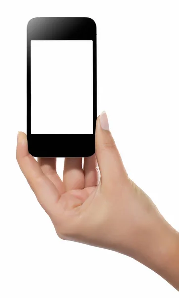 El ile akıllı telefon beyaz perde beyaz arka plan üzerinde izole — Stok fotoğraf