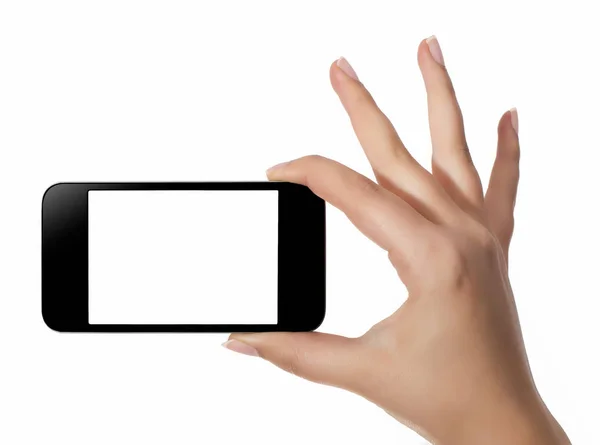 Mão com telefone inteligente tela branca isolada no fundo branco — Fotografia de Stock