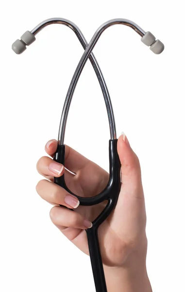 Mani del medico tenendo stethoscope.Studio colpo isolato su bianco — Foto Stock