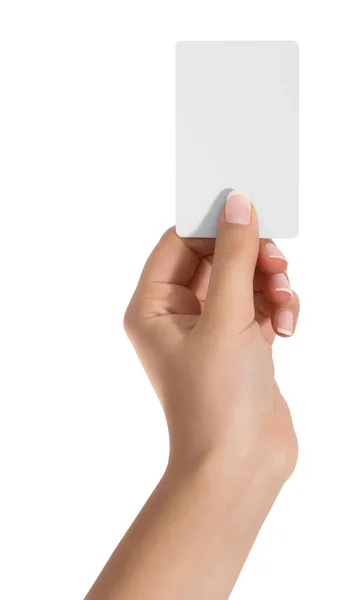 Mulher mão segurar cartão de visita virtual, cartão de crédito ou pape em branco — Fotografia de Stock