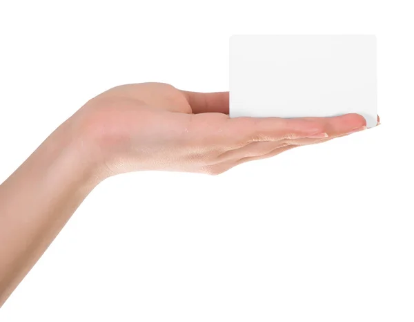 Tenir de la main de la femme virtuelle carte de visite, carte de crédit ou pape blanc — Φωτογραφία Αρχείου