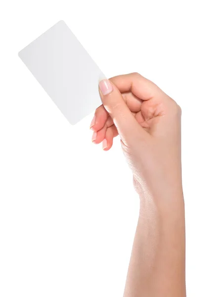 Woman hand hold virtual business card, credit card or blank pape — Stock Photo, Image