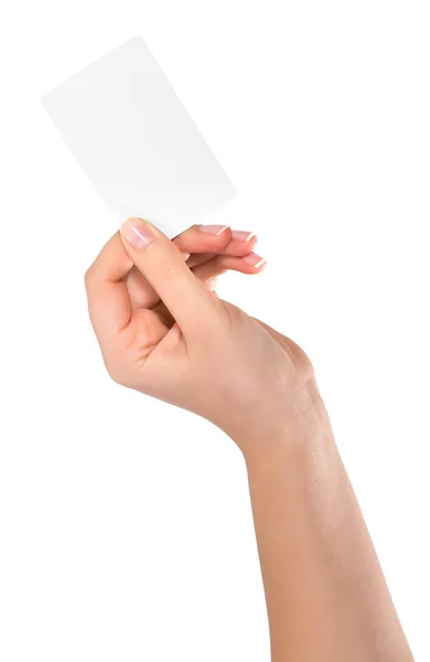 Женщина держит виртуальную визитную карточку, кредитную карточку или бланк бумаги — стоковое фото