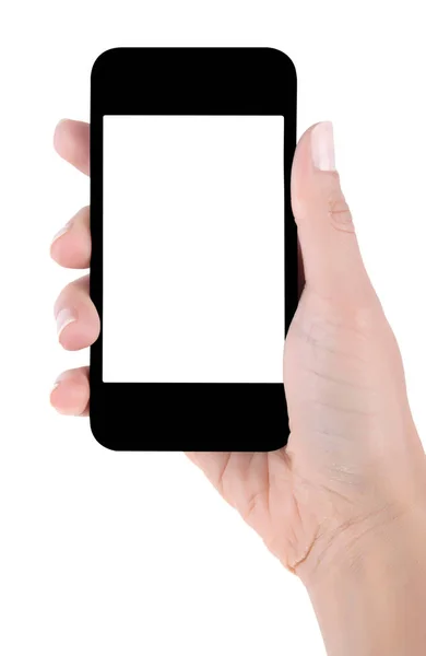 Mano con pantalla blanca de teléfono inteligente aislada sobre fondo blanco — Foto de Stock