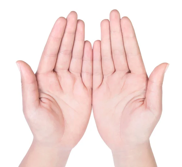 Stretched hand of woman isolated over white background. Open pal — Stock Photo, Image