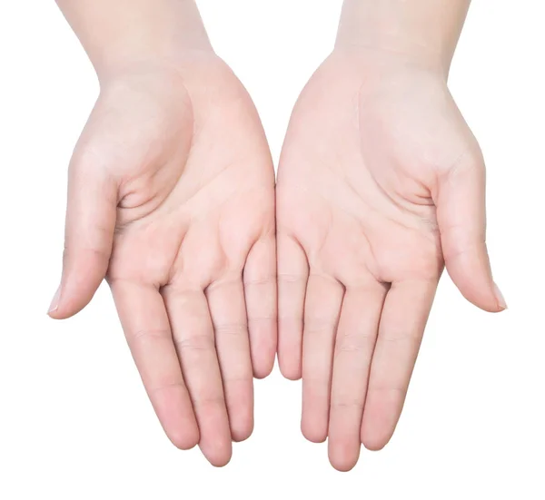 Stretched hand of woman isolated over white background. Open pal — Stock Photo, Image