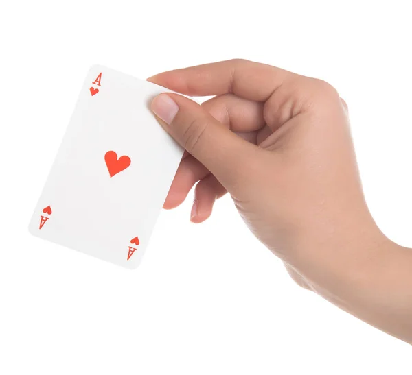 Игральные карты в руке изолированы на белом фоне — стоковое фото