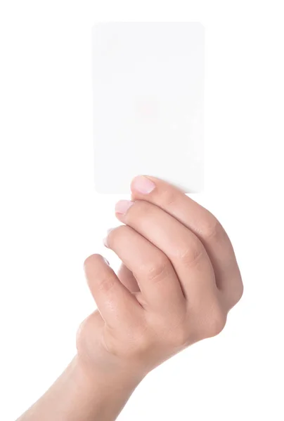 Hand holding blanco visitekaartje met uitknippaden — Stockfoto