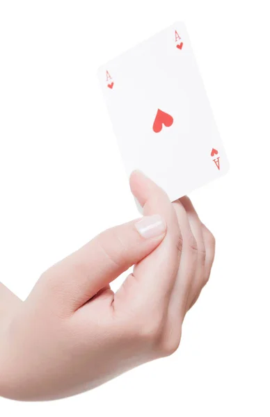 Speelkaarten in de hand geïsoleerd op witte achtergrond — Stockfoto