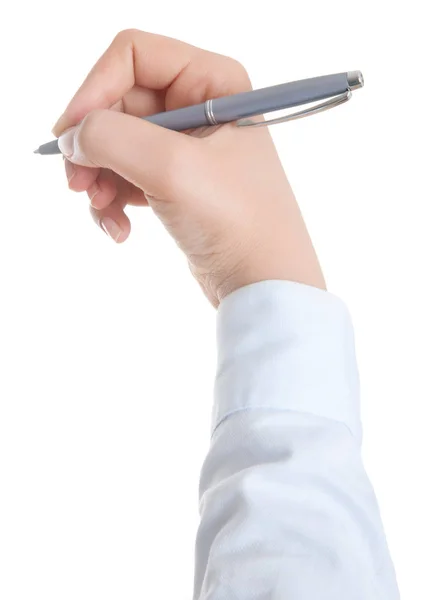 Escribir a mano en el espacio de copia. Hermosa mano femenina sosteniendo negro — Foto de Stock