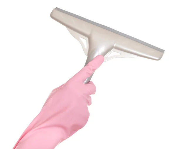 Mão em luvas com limpador de janela de borracha. Isolado em um b branco — Fotografia de Stock