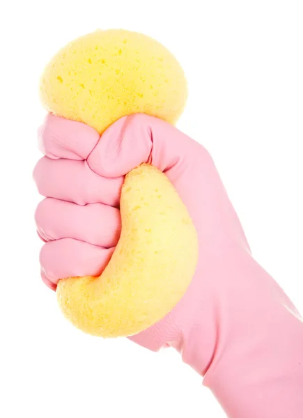 Hand i handske med svamp isolerad på vit bakgrund. — Stockfoto