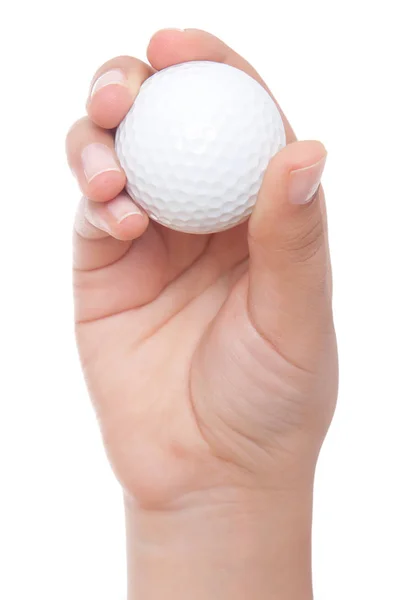 Hand håller en boll för golf är isolerad på en vit bakgrund — Stockfoto