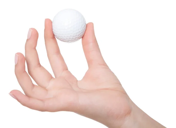 Mano tiene una palla per il golf è isolato su uno sfondo bianco — Foto Stock