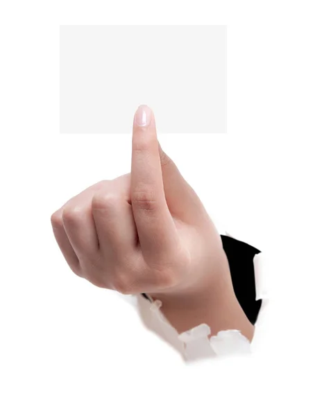 Close-up tiro de uma mão mulher segurando cartão de visita em branco isolado — Fotografia de Stock