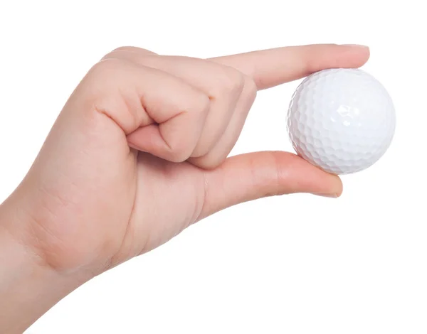 Рука тримає м'яч для гольфу ізольовано на білому тлі — стокове фото