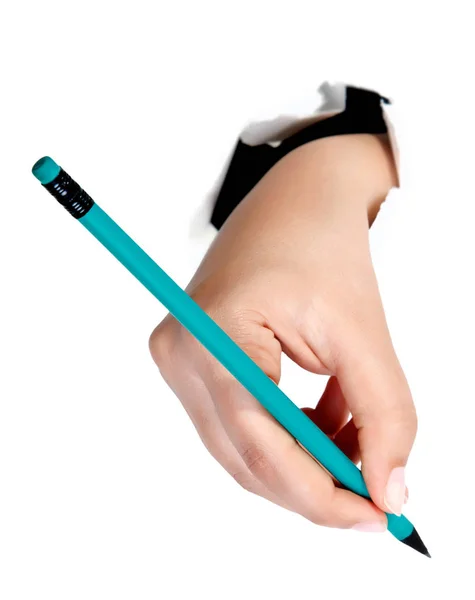 Hand writing on copy space. Beautiful female hand holding black — Stock Photo, Image