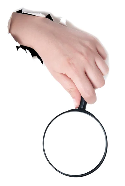Γυναικείο χέρι που κρατά το μεγεθυντικό φακό απομονώνονται σε λευκό backg — Φωτογραφία Αρχείου