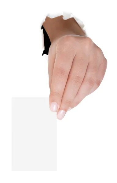 空白の名刺を持つ女性の手のクローズ アップ ショットを分離します。 — ストック写真