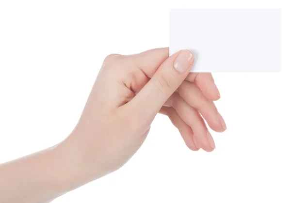 Mão segurando cartão de visita em branco com caminhos de recorte — Fotografia de Stock
