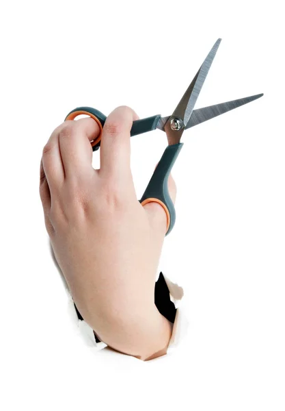 Dłoń trzymającą nożyce przerzedzenie ścinania w ręku na białym tle na b biały — Zdjęcie stockowe