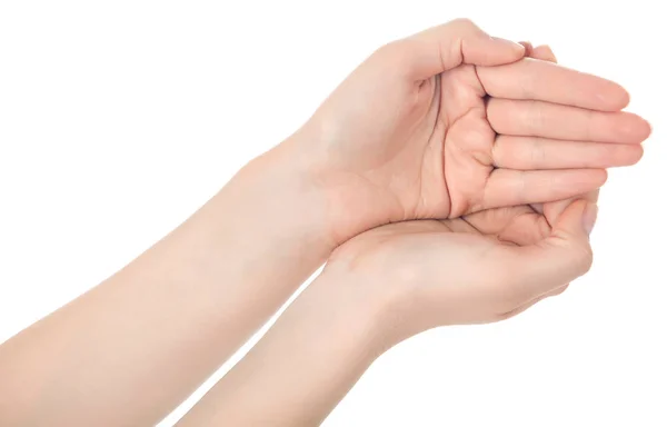 Mano estirada de mujer aislada sobre fondo blanco. Amigo abierto — Foto de Stock