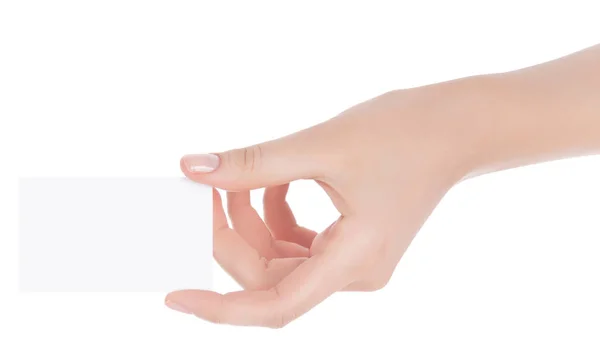 Απομονώσετε closeup πλάνο του μια γυναίκα χέρι που κρατά το κενό επαγγελματική κάρτα — Φωτογραφία Αρχείου