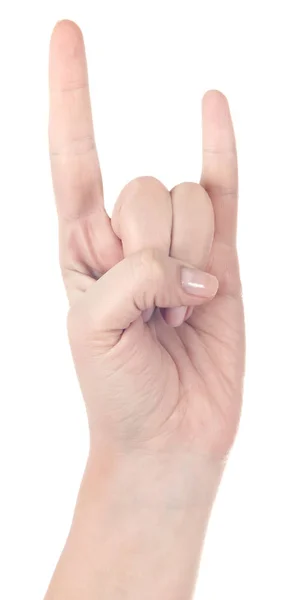 La mano muestra el signo de rock and roll o te amo signo aislado en — Foto de Stock