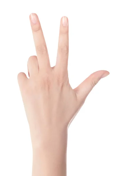 Mão mostrando o sinal da vitória e da paz. Fechar de fêmea h — Fotografia de Stock