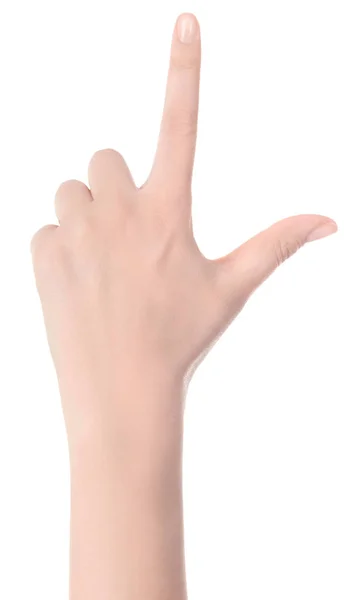 Mulher mão apontando para cima com o dedo indicador ou tocando tela de volta — Fotografia de Stock