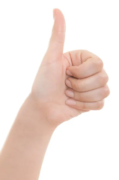 Female hand showing thumb up ok all right victory hand sign gest — Stock Photo, Image